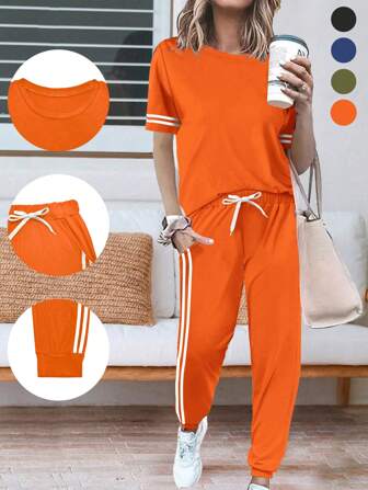Summer Ladies' Sleeveless Striped Short-Sleeve Top And Pocketed Side Stripe Pants Jogging Suit Home Leisure Sports Outfit