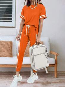 Summer Ladies' Sleeveless Striped Short-Sleeve Top And Pocketed Side Stripe Pants Jogging Suit Home Leisure Sports Outfit