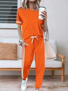Summer Ladies' Sleeveless Striped Short-Sleeve Top And Pocketed Side Stripe Pants Jogging Suit Home Leisure Sports Outfit