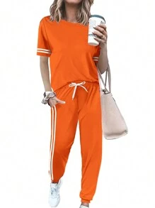 Summer Ladies' Sleeveless Striped Short-Sleeve Top And Pocketed Side Stripe Pants Jogging Suit Home Leisure Sports Outfit