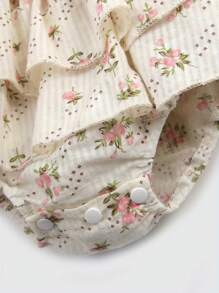 Conjunto de mono de verano para niña, mono floral con busto elástico, sin mangas, con volantes y diadema con lazo - Beis - Ver 8