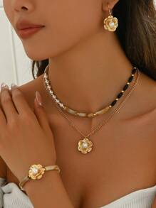 Blumen Charm doppelt geschichtetes Halskette & Ohrringe Blumen Armband Valentinstag Set