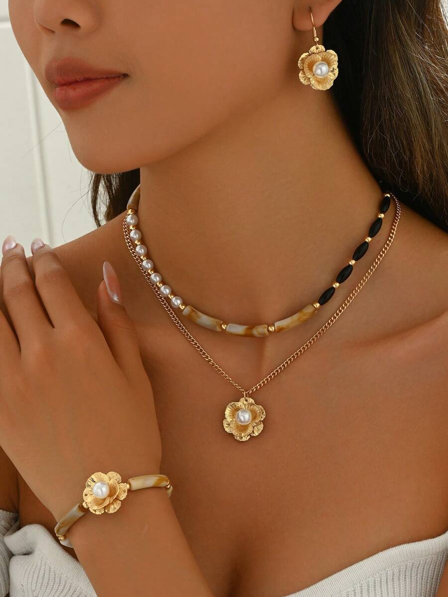 Blumen Charm doppelt geschichtetes Halskette & Ohrringe Blumen Armband Valentinstag Set