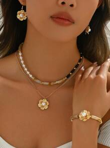 Blumen Charm doppelt geschichtetes Halskette & Ohrringe Blumen Armband Valentinstag Set