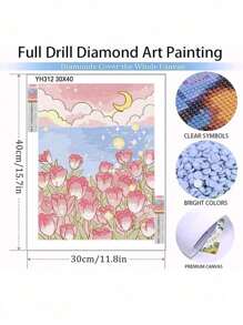 Kit de pintura de diamantes 5D con paisaje de dibujos animados - Flores hermosas y luna, mosaico de diamante redondo completo, bordado artesanal, apropiado para decoración del hogar, regalo perfecto para familiares y amigos