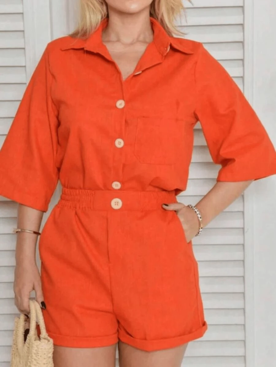 Linen Shorts And 3/5 Sleeve Shirt Set - Orange - View 1