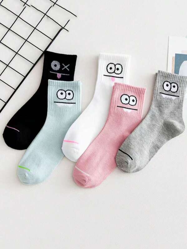 5 Pairs Women Floral Pattern Mid-Calf Socks, Japanese Style Fresh White Long Tube 3D Socks, Autumn/Winter