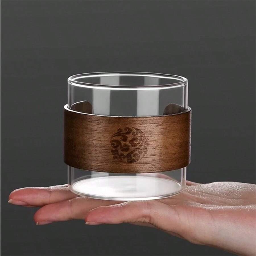 Japanese Style 150ML Heat-Resistant Glass Tea Cup With Scald Proof Wooden Holder Kungfu Tea Set Master Cup Household Coffee Mug