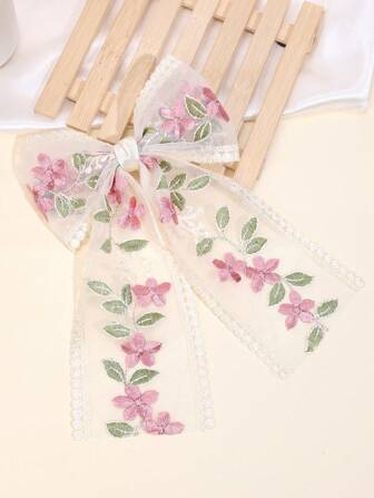 1 件女孩花朵刺绣发饰米色蕾丝蝴蝶结鳄鱼夹度假野餐女孩发夹春季花朵发夹优雅发夹母亲节礼物儿童发饰