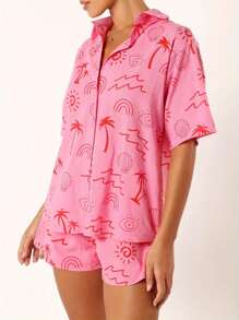 Women's 2 Piece Lounge Set Short Sleeve Lapel Button Up Tops Sun Tropical Tree Print Shorts Sleepwear Sets
