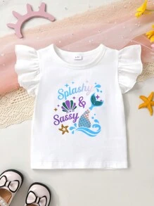 Set de 2 piezas con camiseta de niña pequeña suave y cómoda con volantes, estampado de concha de sirena y efecto ombré, y pantalones cortos deportivos con estampado de escamas en degradado