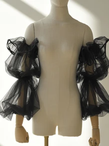 1 Pair Lantern Sleeve Detachable Long Black Bridal Sleeves, Satin Trim Tulle Fingerless Gloves, Romantic & Fleshy Coverage For Wedding Dress