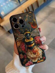 Geperforeerde rand Bloemenbij geschilderde anti-val telefoonhoesje compatibel met iPhone 16/16 Pro/16 Plus/16 Pro Max, P14 Pro Max, P13, Cartoon P11, P12, Anti-val XR, Cartoon 7/8 GES2 telefoonhoesjes