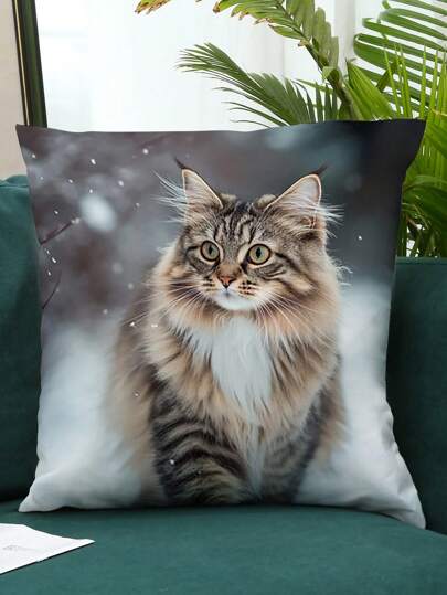 1 Peça Fronha Decorativa com Estampa Tradicional de Gato na Neve, Capa de Almofada de Tecido de 17.7*17.7 Polegadas (Travesseiro Interno Não Incluso), Decoração para Casa, Quarto, Sala de Estar, Escritório, Sofá
