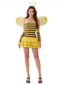 Women Halloween Outfit, Sleeveless Striped/Dots Print Ladybug/Bee Cosplay Dress Hair Hoop Wings