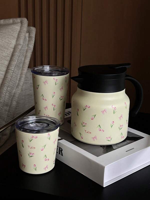 1pc 800ml Pink Bow & Tulip Pattern Stainless Steel Double Wall Insulated Coffee Pot, Thermal Carafe, Tea Pot, Tumbler, Suitable For Office, Restaurant, Outdoor, School, Home And Other Scenes, Christmas, Valentine's Day, Mother's Day, Back To School Gift, Birthday Gift