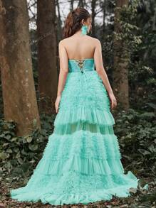 Faeriesty Vestido de fiesta con corpiño bordado, espalda con cordón, volantes en el bajo, vestido de dama, vestido de graduación formal, vestido de fiesta, vestido para invitada de boda