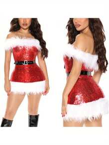 Christmas Costume For Women Mrs Claus Santa Outfit Fancy Fur Trim Dress Xmas Cosplay Party Costumes Sleeveless Off Shoulder Sequined Plush Wrapped Christmas Dress - Red - View 5