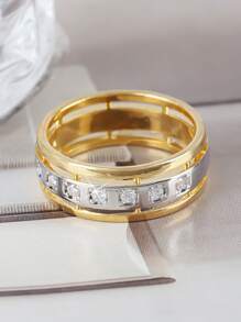 1pc Luxury Elegant Dual-Tone Design Wide Band Cubic Zirconia Ring, Gift For Men, Valentine's Day, Father's Day, Birthday, Party