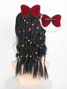 1pc Lovely Girl Braided Ponytail Hair Extensions With Elastic Rubber Band Synthetic Handmade Beaded Ponytail Hairpiece With Bow , Detachable & Reusable Ideal For Gift Hair Accessories