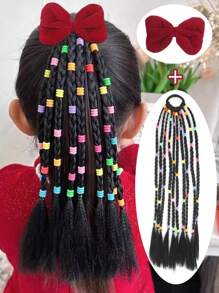 1pc Lovely Girl Braided Ponytail Hair Extensions With Elastic Rubber Band Synthetic Handmade Beaded Ponytail Hairpiece With Bow , Detachable & Reusable Ideal For Gift Hair Accessories