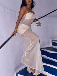 Vestido largo de malla arrugada con parches, vestido sexy y elegante para fiestas, vestido de cóctel para invitados de boda