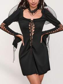 Women Halloween Devil Costume Tie Front Dress With Collar Necklace Set For Cosplay Role-Playing Party Outfits