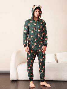 Pijama navideño, mono con capucha y estampado de ciervos de manga larga con cierre de cremallera - Verde - Ver 2