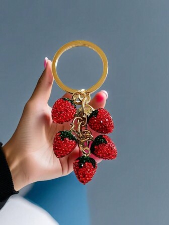 1pc Red Fully Studded 3D Strawberry Keychain, Keyring Key Holder Charm, Fashion Accessories Gift For Friends Car Accessories Bag Charm Backpack For School
