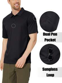 Men's Summer Quick Dry Golf Polo Shirt Short Sleeve Outdoor Sports Hiking Fishing T-Shirt Breathable Lightweight Tops With Sunglass Loop And Pen Pockets - Black - View 4