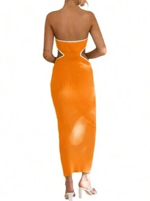 Women's Bodycon Tube Dress, Strapless Side Cutout Contrast Color Ribbed Long Dress - Orange - View 4