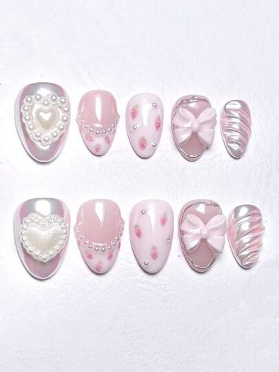 10Pcs Handmade Press-On Nails Short Nails, Almond Shaped Nails, Sweet Nails, Nude Nails, Pink French Tip Nail Charm, Pink Magic Mirror Powder Nails, Strawberry Hand-Painted Nails, Japanese Nails, Spring, Summer, Autumn, Winter Daily Nails, False Nails Supply, Three-Dimensional Drip Glue Nails, Bow Heart Faux Pearl Nail Decoration, Wedding Nails Prom Nails, Beginner Nails Suitable For Women In Various Occasions, Nail Art Nail Supplies Nails