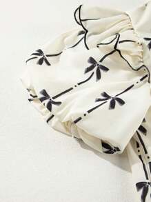 Acelitt Blusa con scollo a V arricciata con ruches, maniche a palloncino, decorata con fiocco e stampa, colore beige