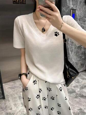 女款彩色竹节结短袖T恤，新款夏季蝴蝶刺绣宽松宽领半袖上衣春夏