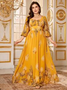SUPGIR Plus Size Random Cut Floral Print Sweetheart Neck Long Lantern Sleeve Chiffon Elegant Midi Dress, Party Dress, Wedding Guest Dress, Formal Dress, Evening Dress,Gown