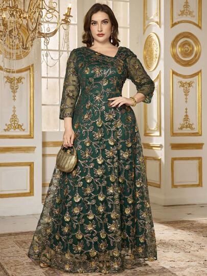  SUPGIR Plus Size Asymmetric Collar Long Sleeve Sequin Embroidered Ruched A-Line Party Evening Dress, Formal Occasion, Wedding Guest, Autumn