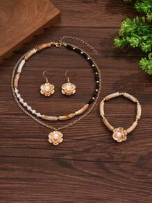 Blumen Charm doppelt geschichtetes Halskette & Ohrringe Blumen Armband Valentinstag Set