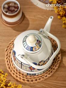 choxila 1pc Enamel Porcelain Teapot Kettle Ancient Clock Pot Painted Enamel Pot Thickened Gas Induction Cooker Common, For Outdoor, Camping