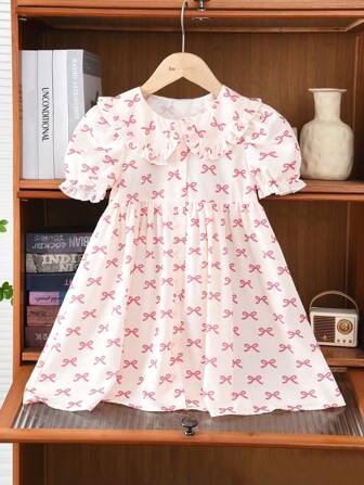 夏季少女可爱短袖梭织面料蝴蝶结印花翻领连衣裙