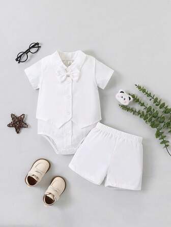 男婴洗礼套装，1 岁生日绅士套装，白色连体衣 + 马甲 + 短裤套装，夏季