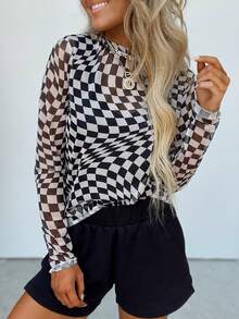 Áo thun dài tay cổ tròn ôm dáng, họa tiết bàn cờ đen trắng, kiểu dáng cơ bản, thích hợp mặc mùa thu. - Đen và trắng - Xem 5