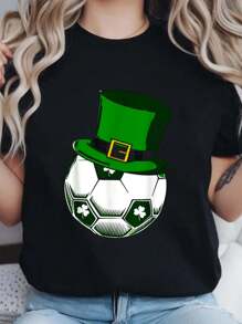100% Cotton St Patrick's Day Soccer Ball Leprechaun Shamrock Boys Kids T-Shirt Print Round Neck Short Sleeve T-Shirt For Women Casual, Summer, Women Top Graphic Tees Women Tops