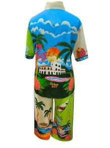 YI XUAN Plus Size Women's Two Pieces Set, Boho Beach Palm Tree Print, Casual Top And Pants