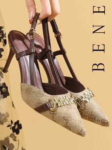 Women's Fashion Plaid Camellia Mules, Pointed Toe French Slip-On Sandals, Suitable For Wedding, Party, And Casual Occasions - Khaki - View 1