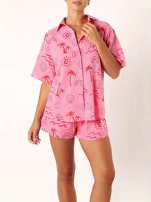 Women's 2 Piece Lounge Set Short Sleeve Lapel Button Up Tops Sun Tropical Tree Print Shorts Sleepwear Sets