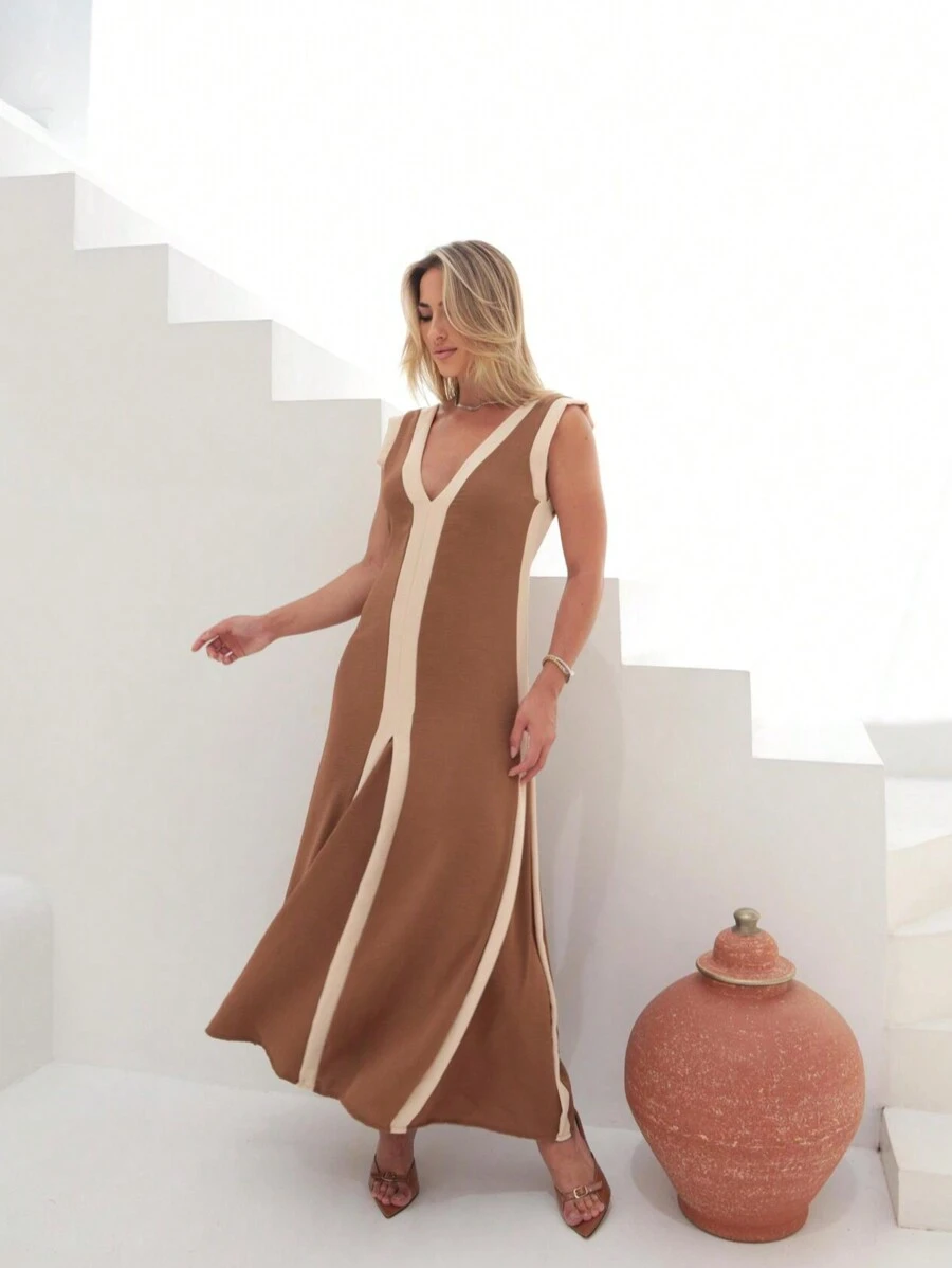LONG 2-TONE CREPE TANK TOP DRESS - Marrón Mocha - Ver 1
