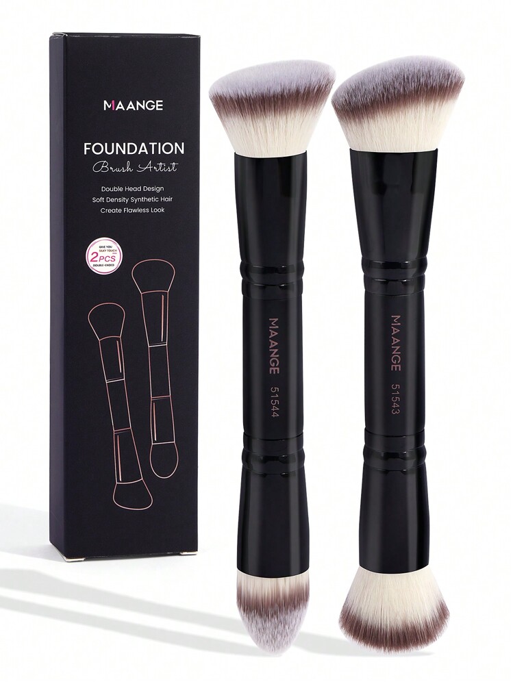 MAANGE 2pcs Double-Ended Makeup Brushes With Paper Box, Soft Facial Eyeshadow, Contour, Bevel & Taper Foundation Brush, Makeup Tools For Easy Carrying, Skin Friendly, Brush For Travel, Gift For Women & Girls - 黑色 - 查看 8