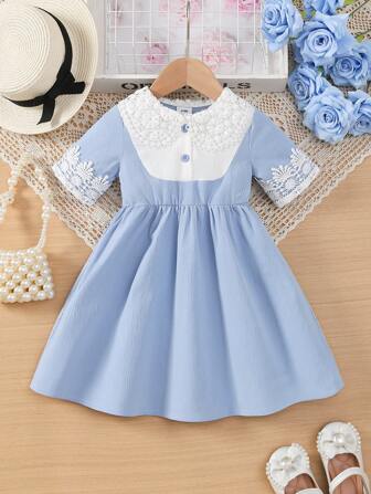 春秋女童蕾丝领短袖松紧腰蓬蓬公主裙，优雅时尚可爱迷人