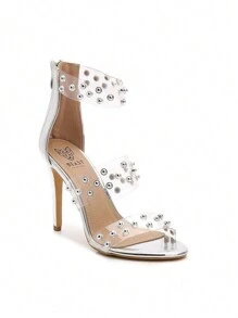 Sandalias de tacón transparente con tachuelas para mujer Sandalias de tacón alto Sandalias de punta abierta con tiras en el tobillo Sandalias de tacón con cremallera en la parte posterior Zapatos de verano Sandalias de fiesta para uso diario Sandalias de noche