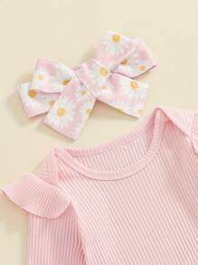 Baby Girls 3 Piece Outfit Long Sleeve Ruffled Ribbed Romper Daisy Print Lacing Pants Hairband Set - Pink - View 5